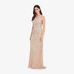 Adrianna Papell Off the Shoulder Sequin Beaded Gown in Champagne